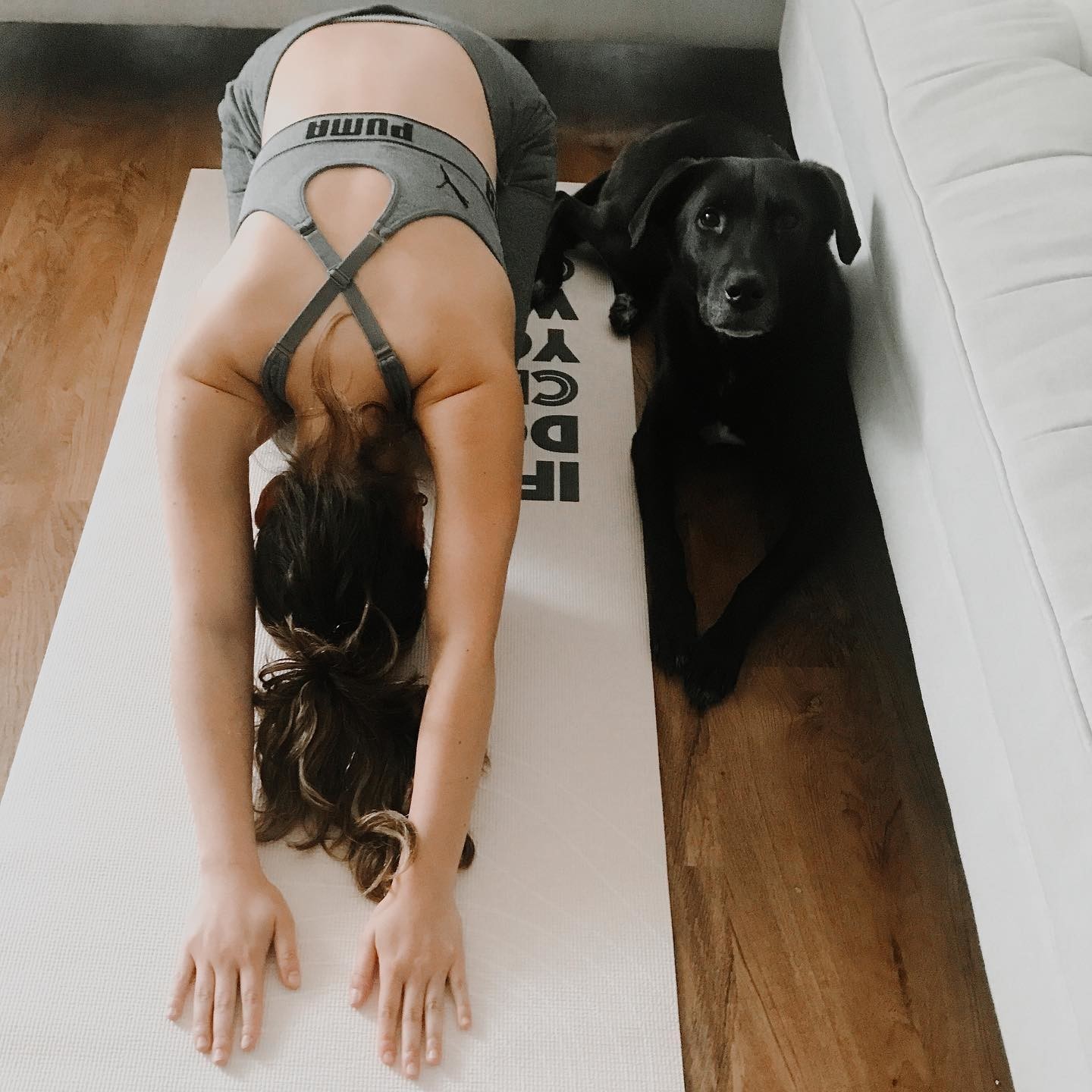 Une femme en tenue PUMA fait un exercice d'étirement sur un tapis de yoga à côté de son chien
